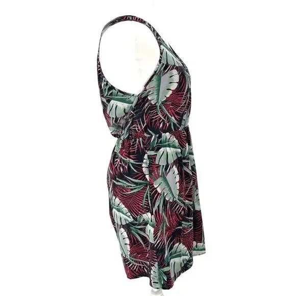 Madewell Silk Tropical Palm Print Racerback Mini Dress Sz 2 Black Green Red Mini - Picture 8 of 10